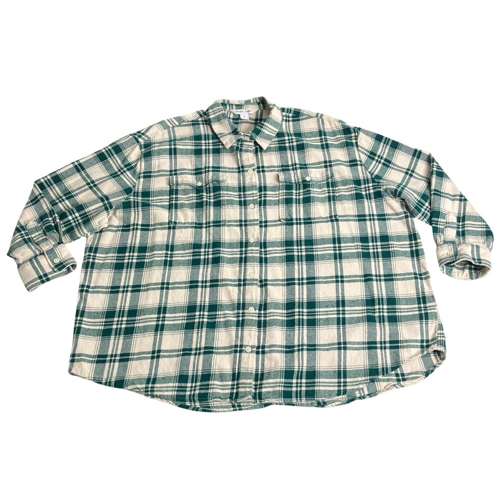 Old Navy Boyfriend Flannel Shirt Womens 2X Green Cream Plaid Oversized Tunic